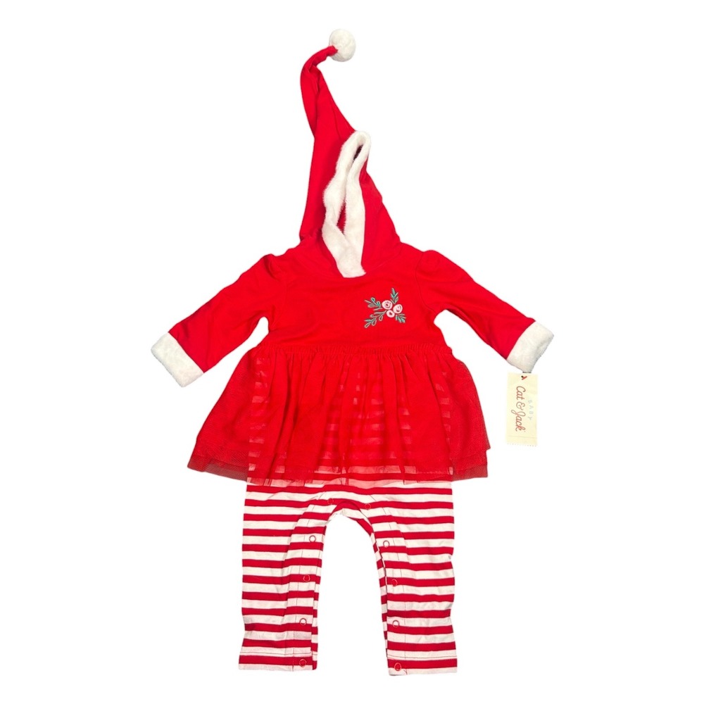 Cat & Jack Baby Christmas Santa Hoodie Tutu Romper Red Striped Outfit 3-6M